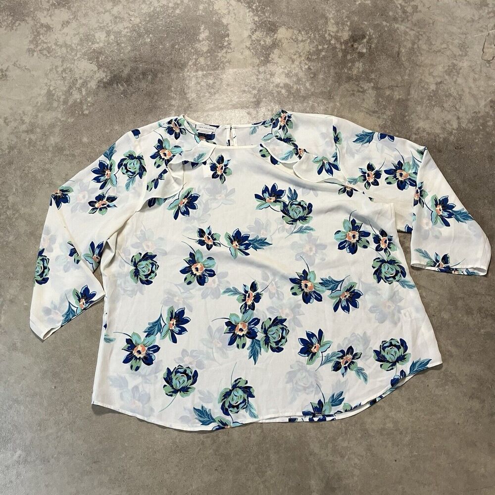 Van Heusen Blouse Womens‎ XXL White Floral Sheer Multicolor Ruffle 3/4 Sleeve